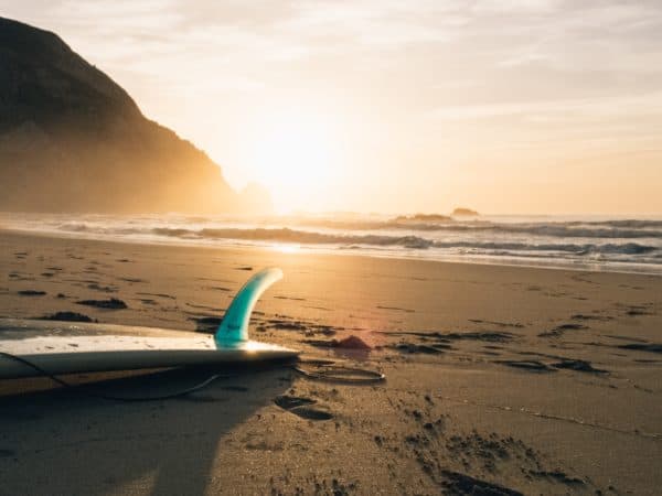 Surfboard at sunset