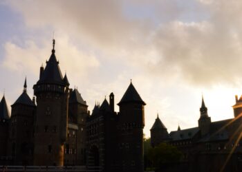 Sunset at Kasteel de Haar, close to Utrecht City center. The sunset is highlighting the shapes of the medieval castle.