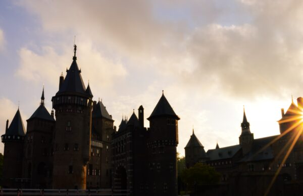 Sunset at Kasteel de Haar, close to Utrecht City center. The sunset is highlighting the shapes of the medieval castle.