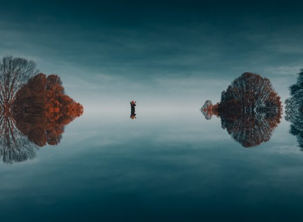 Blue and red reflections of a photographer stood by a pond
