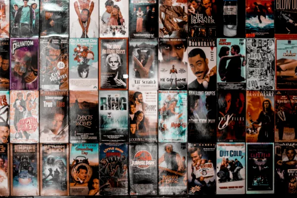 Movie cover wall section at PLAY Arcade